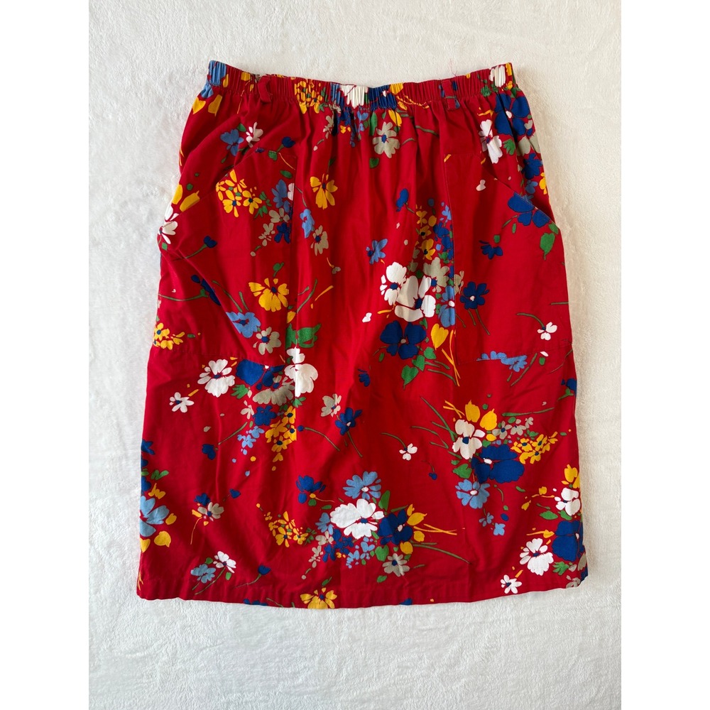 Vintage Made in USA Red Floral Print Elastic Waist Midi Boho‎ Skirt Size 12